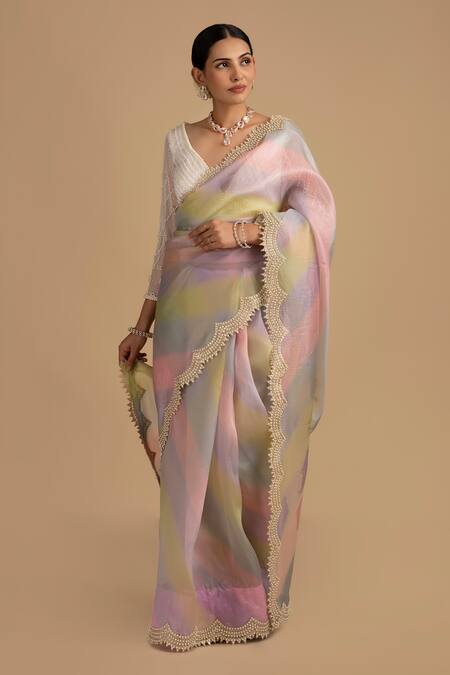 Shop_Zal From Benaras_White Silk, Organza Pearls, Cut Work Plunge Neck Embroidered Saree Set _Online_at_Aza_Fashions