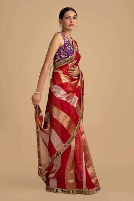 Zal From Benaras_Purple Silk, Organza Embroidery, Cut Work, Zari, Pearls, Floral Red Saree Set _Online_at_Aza_Fashions