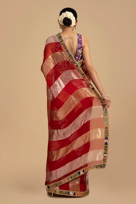 Zal From Benaras Floral Embroidered Red Saree Set 