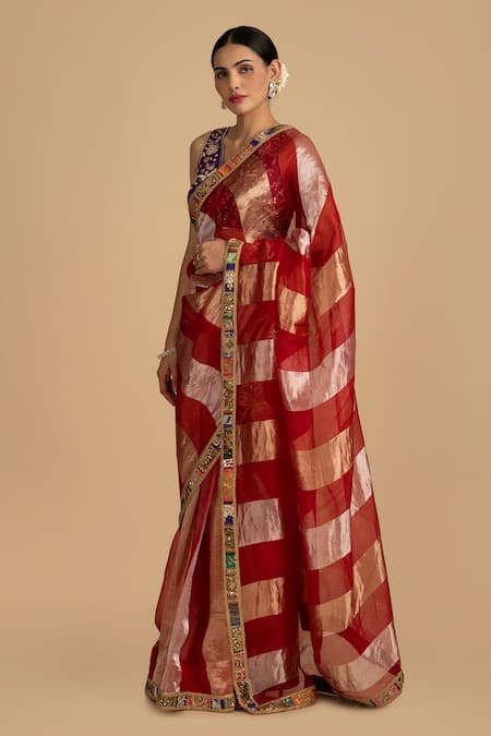 Buy_Zal From Benaras_Purple Silk, Organza Embroidery, Cut Work, Zari, Pearls, Floral Red Saree Set _Online_at_Aza_Fashions