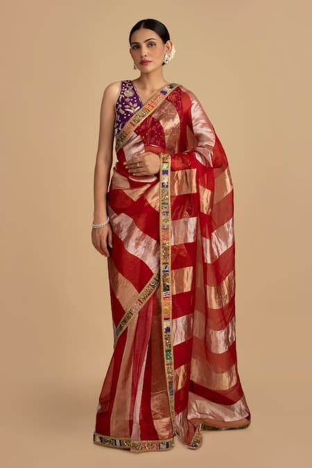 Shop_Zal From Benaras_Purple Silk, Organza Embroidery, Cut Work, Zari, Pearls, Floral Red Saree Set _Online_at_Aza_Fashions