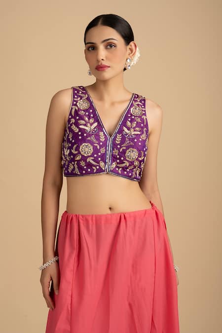 Zal From Benaras_Purple Silk, Organza Embroidery, Cut Work, Zari, Pearls, Floral Red Saree Set _at_Aza_Fashions