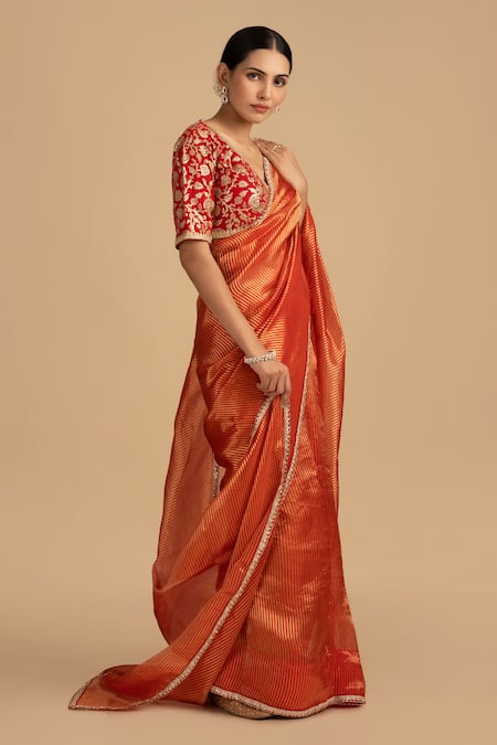 Zal From Benaras_Red Silk, Tissue Sequins, Zari V-neck Embroidered Stripe Saree Set _Online_at_Aza_Fashions