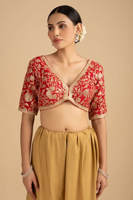 Buy_Zal From Benaras_Red Silk, Tissue Sequins, Zari V-neck Embroidered Stripe Saree Set _Online_at_Aza_Fashions