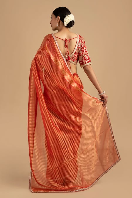 Zal From Benaras Embroidered Stripe Tissue Silk Saree Set 