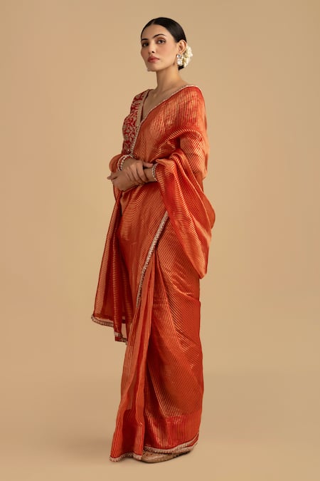 Shop_Zal From Benaras_Red Silk, Tissue Sequins, Zari V-neck Embroidered Stripe Saree Set _Online_at_Aza_Fashions