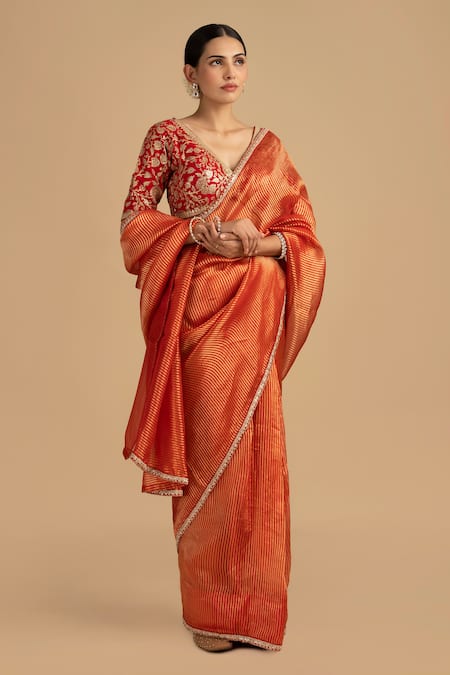 Zal From Benaras Embroidered Stripe Tissue Silk Saree Set 