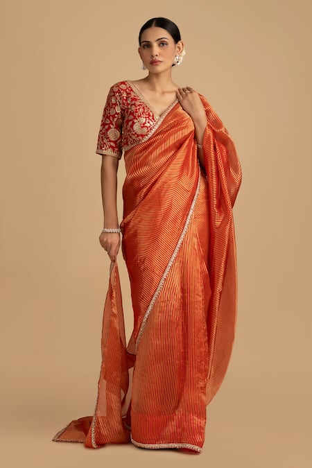 Zal From Benaras_Red Silk, Tissue Sequins, Zari V-neck Embroidered Stripe Saree Set _at_Aza_Fashions