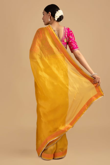 Shop Zal From Benaras Pink Silk, Organza Cut Work, Sequins, Zari Embroidered Stripe Saree And Blouse Set at Aza Fashions Shop_Zal From Benaras_Pink Silk, Organza Cut Work, Sequins, Zari Embroidered Stripe Saree And Blouse Set _at_Aza_Fashions