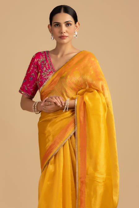 Buy Zal From Benaras Pink Silk, Organza Cut Work, Sequins, Zari Embroidered Stripe Saree And Blouse Set Online at Aza Fashions Buy_Zal From Benaras_Pink Silk, Organza Cut Work, Sequins, Zari Embroidered Stripe Saree And Blouse Set _Online_at_Aza_Fashions