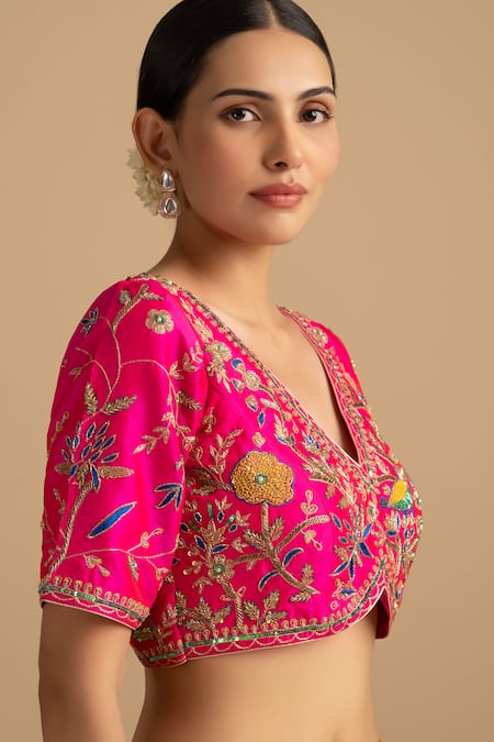 Buy Zal From Benaras Pink Silk, Organza Cut Work, Sequins, Zari Embroidered Stripe Saree And Blouse Set Buy_Zal From Benaras_Pink Silk, Organza Cut Work, Sequins, Zari Embroidered Stripe Saree And Blouse Set