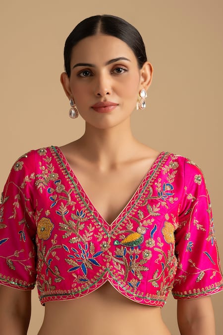 Shop Zal From Benaras Pink Silk, Organza Cut Work, Sequins, Zari Embroidered Stripe Saree And Blouse Set Shop_Zal From Benaras_Pink Silk, Organza Cut Work, Sequins, Zari Embroidered Stripe Saree And Blouse Set