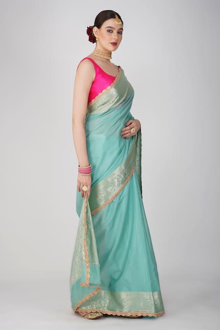 Zal From Benaras_Green Silk Embroidery Floral Scallop Hem Saree Set_Online_at_Aza_Fashions