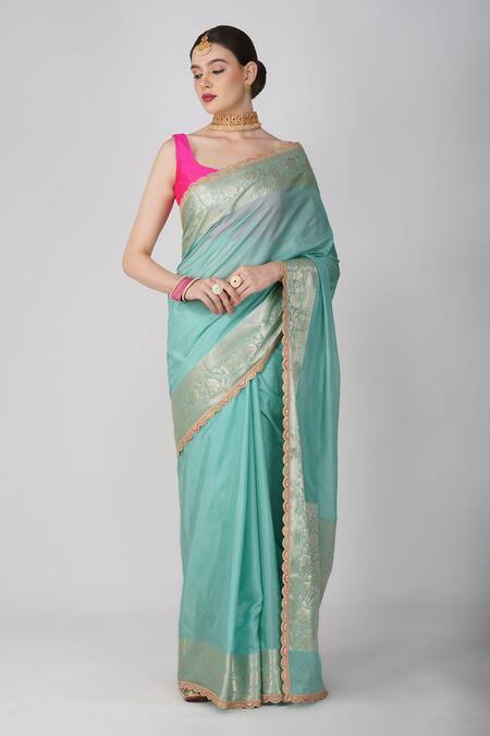 Buy_Zal From Benaras_Green Silk Embroidery Floral Scallop Hem Saree Set_Online_at_Aza_Fashions