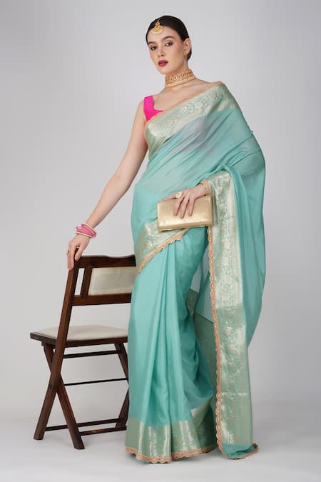 Zal From Benaras Floral Scallop Hem Saree Set 