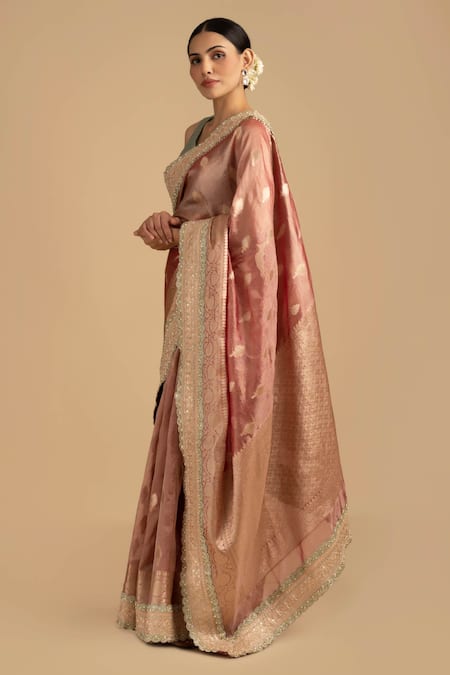 Zal From Benaras_Green Silk Embroidery V-neck Hand Woven Butta Saree And Padded Blouse _Online_at_Aza_Fashions
