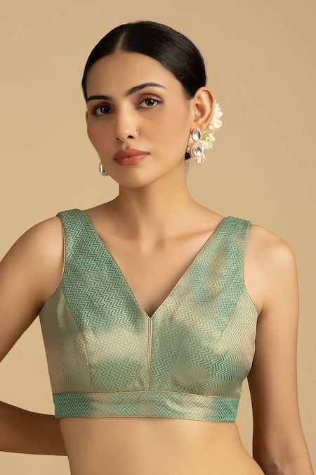 Buy_Zal From Benaras_Green Silk Embroidery V-neck Hand Woven Butta Saree And Padded Blouse _Online_at_Aza_Fashions