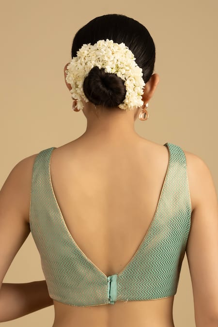 Shop_Zal From Benaras_Green Silk Embroidery V-neck Hand Woven Butta Saree And Padded Blouse _Online_at_Aza_Fashions