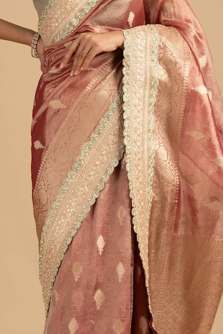 Zal From Benaras_Green Silk Embroidery V-neck Hand Woven Butta Saree And Padded Blouse _at_Aza_Fashions