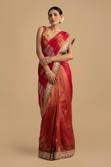 Zal From Benaras Floral Stripe Scallop Hem Saree Set 