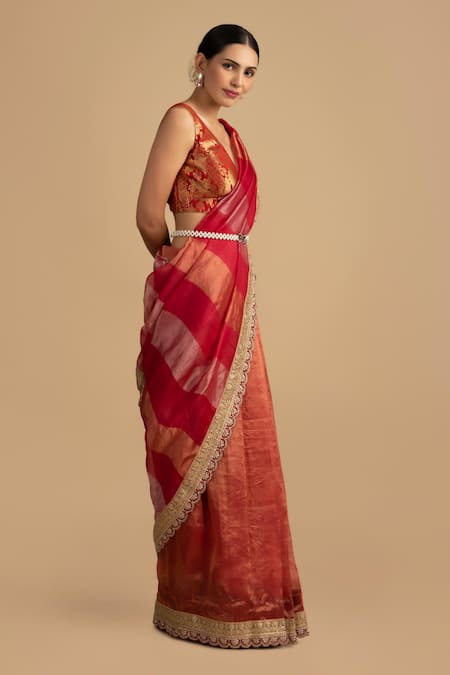 Zal From Benaras_Red Silk Embroidery V-neck Floral Stripe Scallop Hem Saree Set _Online_at_Aza_Fashions