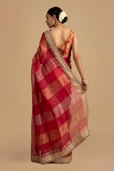 Zal From Benaras Floral Stripe Scallop Hem Saree Set 