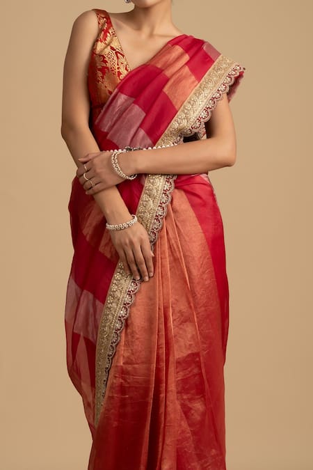 Shop_Zal From Benaras_Red Silk Embroidery V-neck Floral Stripe Scallop Hem Saree Set _Online_at_Aza_Fashions