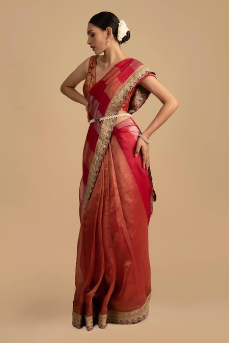 Buy_Zal From Benaras_Red Silk Embroidery V-neck Floral Stripe Scallop Hem Saree Set 