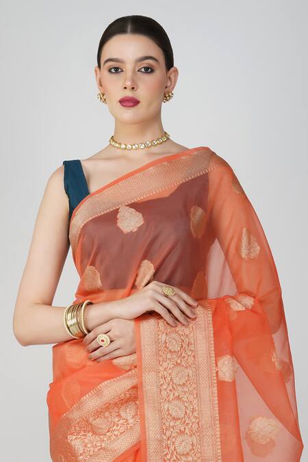 Zal From Benaras_Peach Kota Doria Embroidery Hand Woven Leaf Motif Saree_Online_at_Aza_Fashions