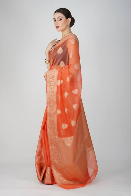 Buy_Zal From Benaras_Peach Kota Doria Embroidery Hand Woven Leaf Motif Saree_Online_at_Aza_Fashions