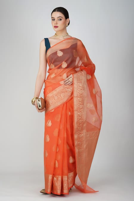 Zal From Benaras Hand Woven Leaf Motif Saree With Unstitched Blouse Piece 