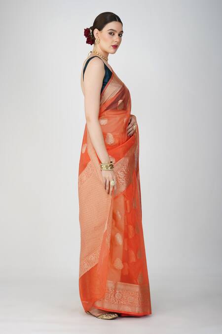 Zal From Benaras_Peach Kota Doria Embroidery Hand Woven Leaf Motif Saree_at_Aza_Fashions