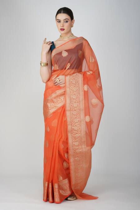 Buy_Zal From Benaras_Peach Kota Doria Embroidery Hand Woven Leaf Motif Saree
