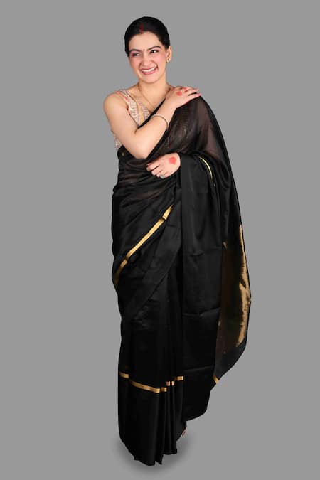 Zal From Benaras Black Hand Woven Stripe Saree Set 