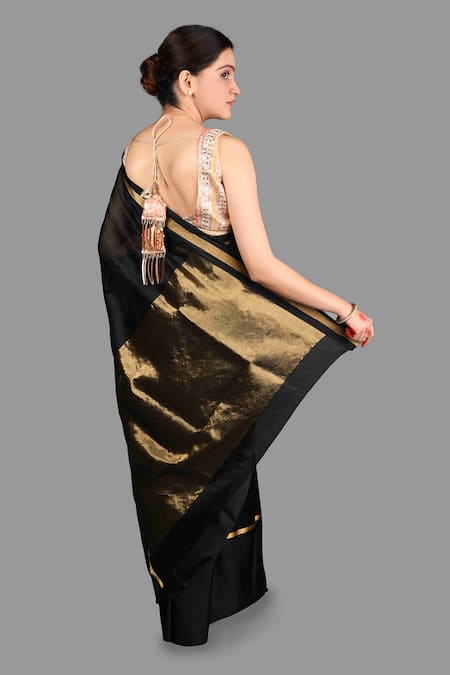 Shop Zal From Benaras Black , Silk Zari Hand Woven Stripe Saree Set at Aza Fashions Shop_Zal From Benaras_Black , Silk Zari Hand Woven Stripe Saree Set _at_Aza_Fashions