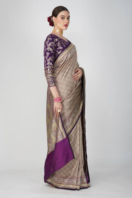 Zal From Benaras Purple Silk, Kota Doria Embroidery Round Neck Hand Woven Floral Geometric Saree Online at Aza Fashions Zal From Benaras_Purple Silk, Kota Doria Embroidery Round Neck Hand Woven Floral Geometric Saree _Online_at_Aza_Fashions