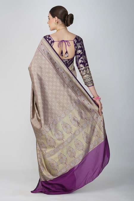 Shop Zal From Benaras Purple Silk, Kota Doria Embroidery Round Neck Hand Woven Floral Geometric Saree at Aza Fashions Shop_Zal From Benaras_Purple Silk, Kota Doria Embroidery Round Neck Hand Woven Floral Geometric Saree _at_Aza_Fashions