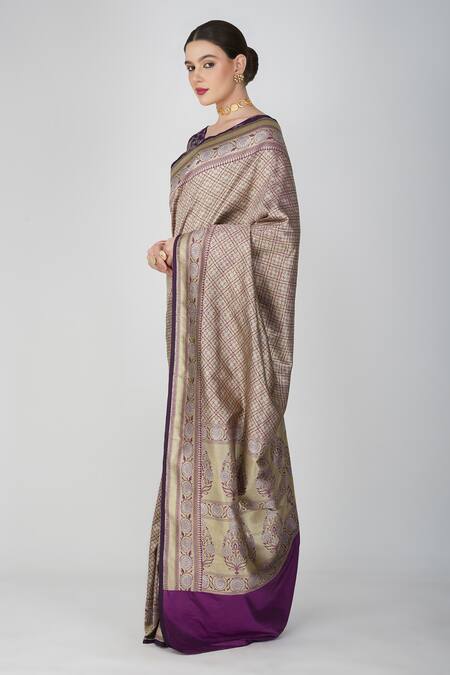 Buy Zal From Benaras Purple Silk, Kota Doria Embroidery Round Neck Hand Woven Floral Geometric Saree Online at Aza Fashions Buy_Zal From Benaras_Purple Silk, Kota Doria Embroidery Round Neck Hand Woven Floral Geometric Saree _Online_at_Aza_Fashions