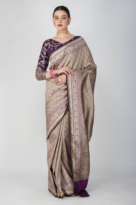 Shop Zal From Benaras Purple Silk, Kota Doria Embroidery Round Neck Hand Woven Floral Geometric Saree Online at Aza Fashions Shop_Zal From Benaras_Purple Silk, Kota Doria Embroidery Round Neck Hand Woven Floral Geometric Saree _Online_at_Aza_Fashions