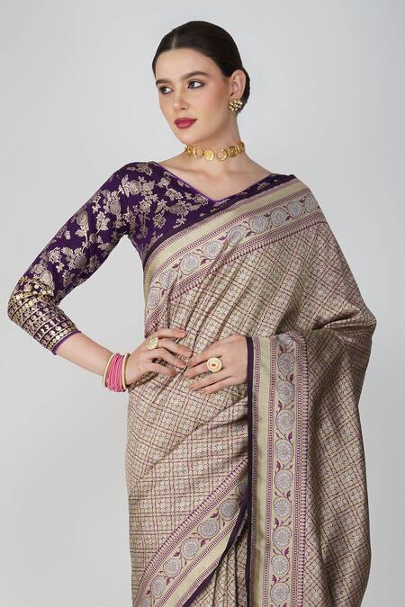 Buy Zal From Benaras Purple Silk, Kota Doria Embroidery Round Neck Hand Woven Floral Geometric Saree Buy_Zal From Benaras_Purple Silk, Kota Doria Embroidery Round Neck Hand Woven Floral Geometric Saree
