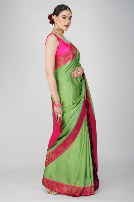 Zal From Benaras Green Silk Embroidery Floral Motif Saree With Blouse Piece Online at Aza Fashions Zal From Benaras_Green Silk Embroidery Floral Motif Saree With Blouse Piece _Online_at_Aza_Fashions