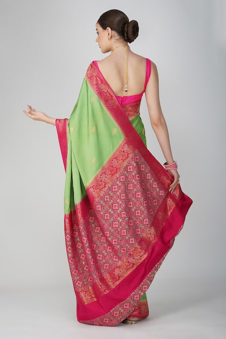 Shop Zal From Benaras Green Silk Embroidery Floral Motif Saree With Blouse Piece at Aza Fashions Shop_Zal From Benaras_Green Silk Embroidery Floral Motif Saree With Blouse Piece _at_Aza_Fashions