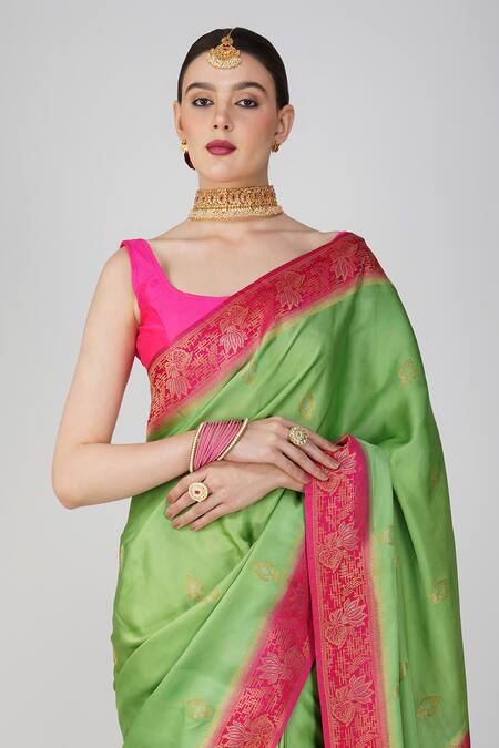 Zal From Benaras Green Silk Embroidery Floral Motif Saree With Blouse Piece at Aza Fashions Zal From Benaras_Green Silk Embroidery Floral Motif Saree With Blouse Piece _at_Aza_Fashions