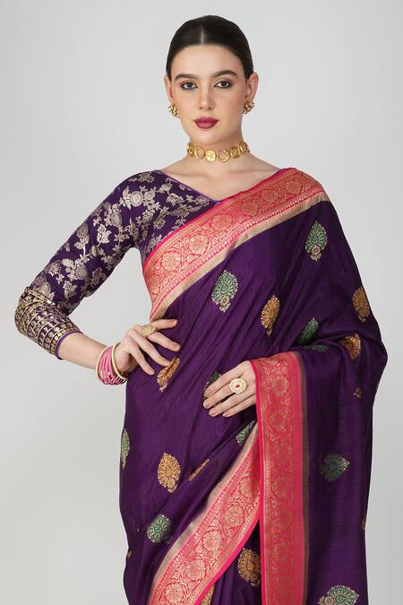 Zal From Benaras_Purple Silk, Kota Doria Embroidery, Leaf Hand Woven Saree With Blouse Piece_Online_at_Aza_Fashions