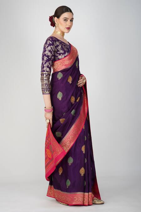Buy_Zal From Benaras_Purple Silk, Kota Doria Embroidery, Leaf Hand Woven Saree With Blouse Piece_Online_at_Aza_Fashions