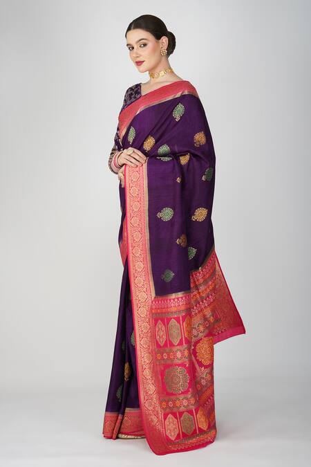 Shop_Zal From Benaras_Purple Silk, Kota Doria Embroidery, Leaf Hand Woven Saree With Blouse Piece_Online_at_Aza_Fashions