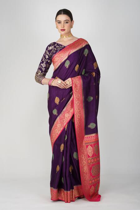 Zal From Benaras_Purple Silk, Kota Doria Embroidery, Leaf Hand Woven Saree With Blouse Piece_at_Aza_Fashions