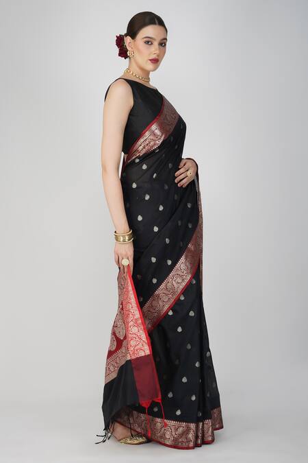Zal From Benaras Black Silk Embroidery Round Neck Flower Hand Woven Motif Saree Online at Aza Fashions Zal From Benaras_Black Silk Embroidery Round Neck Flower Hand Woven Motif Saree_Online_at_Aza_Fashions