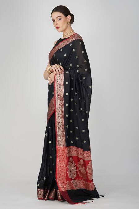 Buy Zal From Benaras Black Silk Embroidery Round Neck Flower Hand Woven Motif Saree Online at Aza Fashions Buy_Zal From Benaras_Black Silk Embroidery Round Neck Flower Hand Woven Motif Saree_Online_at_Aza_Fashions