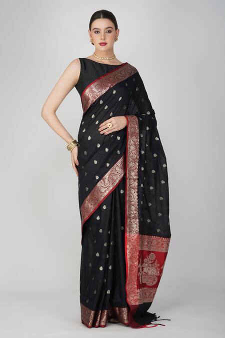 Shop Zal From Benaras Black Silk Embroidery Round Neck Flower Hand Woven Motif Saree Online at Aza Fashions Shop_Zal From Benaras_Black Silk Embroidery Round Neck Flower Hand Woven Motif Saree_Online_at_Aza_Fashions